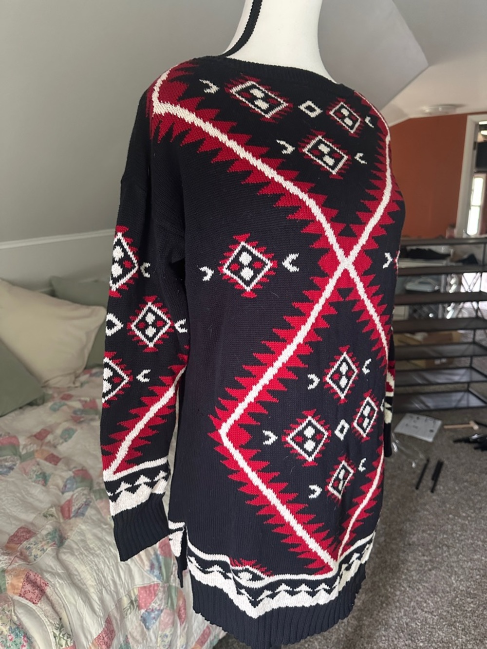 Lauren Ralph Lauren Black Sweater with Red & White Geometric Design